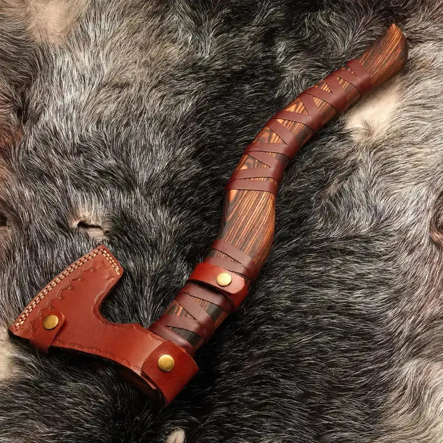 Viking Raider Axe - Handmade Royal Viking Axe with Ash Wood Handle & Leather Wrapping - Hunt Craft Knives