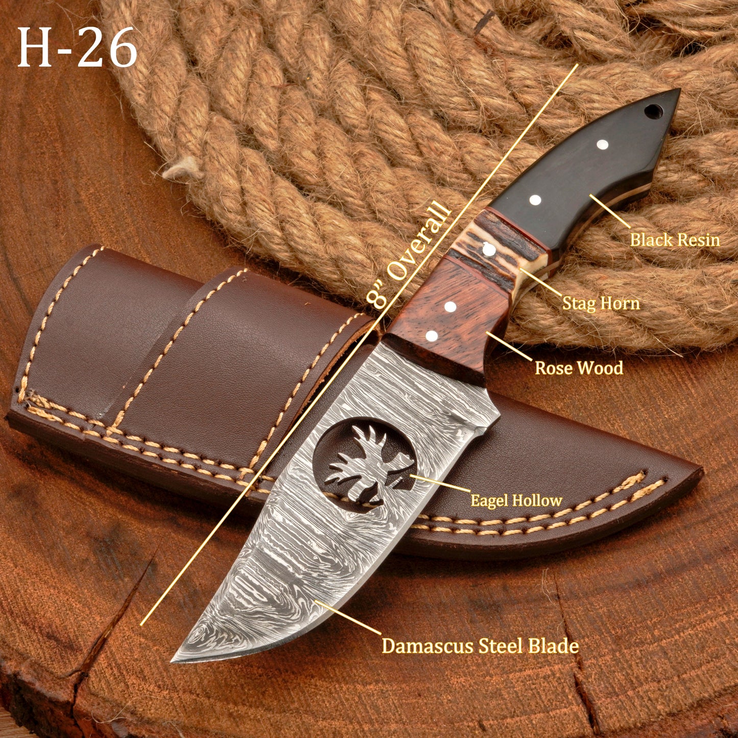 Full Tang Hand Forged Fixed Blade Damascus Steel Hunting Knife with Leather Sheath - Stag Antler handle