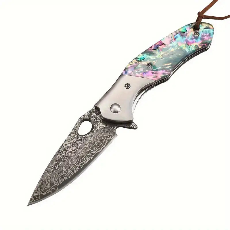 7.28" Damascus Steel EDC Folding Knife with Iridescent Abalone Shell Resin Handle | VG 10 Steel Blade