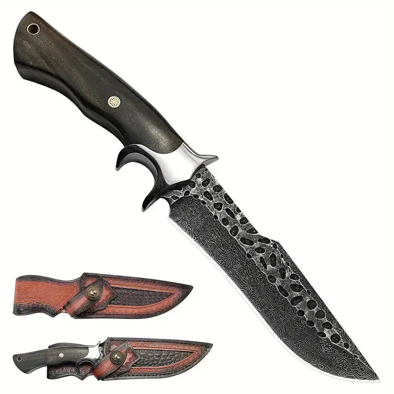Custom Handmade Damascus Steel Hunting Knife with Black Wood Handle & Multifunctional Knife Sheath
