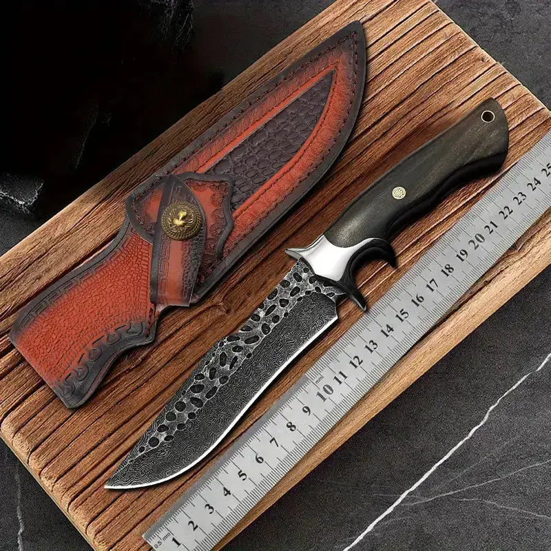 Custom Handmade Damascus Steel Hunting Knife with Black Wood Handle & Multifunctional Knife Sheath