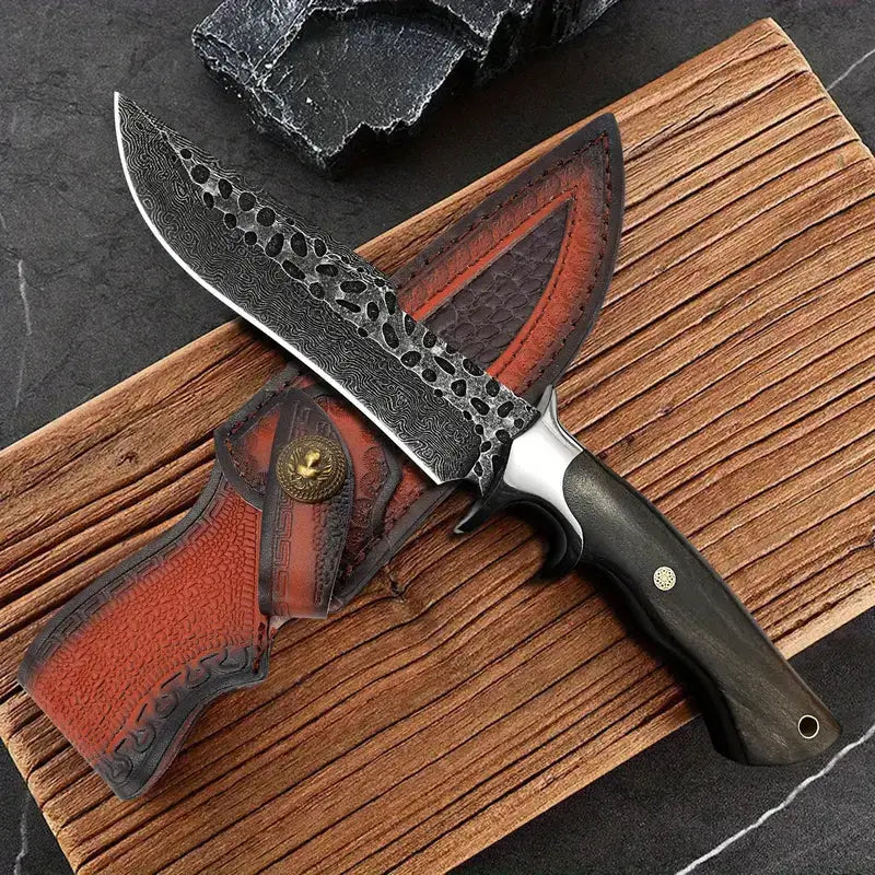 Custom Handmade Damascus Steel Hunting Knife with Black Wood Handle & Multifunctional Knife Sheath