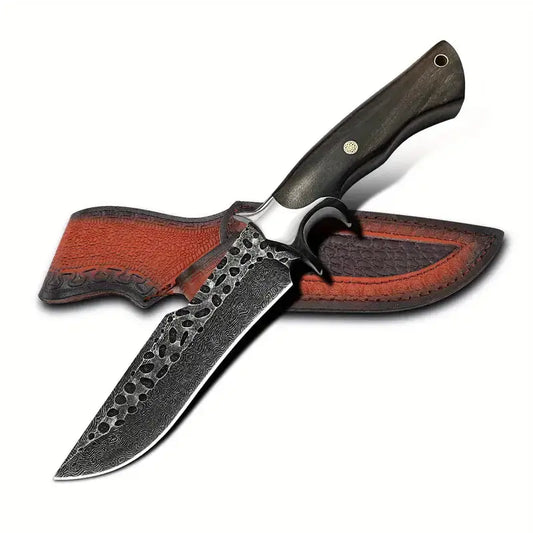 Custom Handmade Damascus Steel Hunting Knife with Black Wood Handle & Multifunctional Knife Sheath
