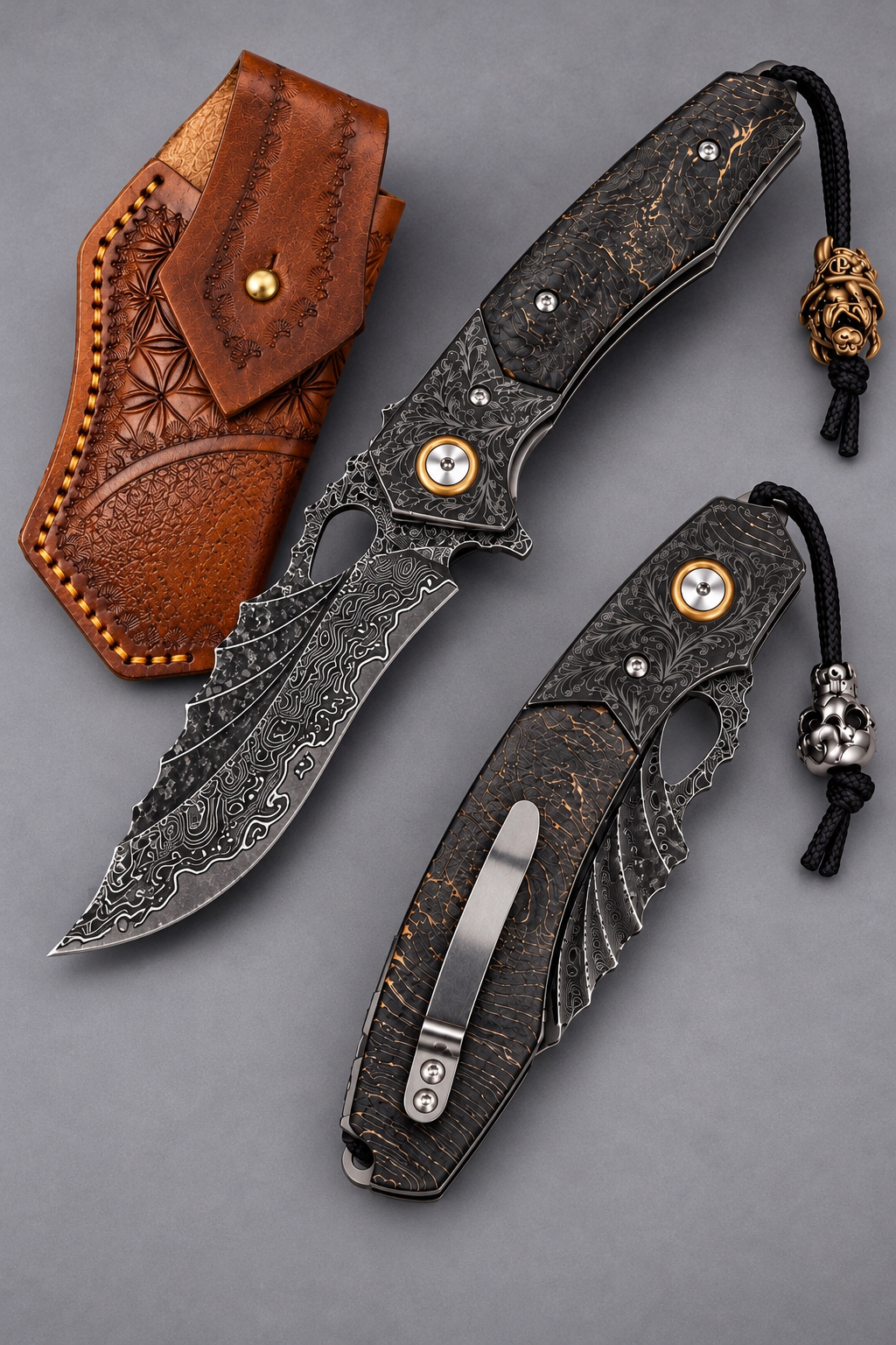 Handmade VG-10 Damascus Steel Folding Pocket Knife – Maple Burl Handle, Pocket Clip, Leather Sheath, EDC Camping Utility Knife