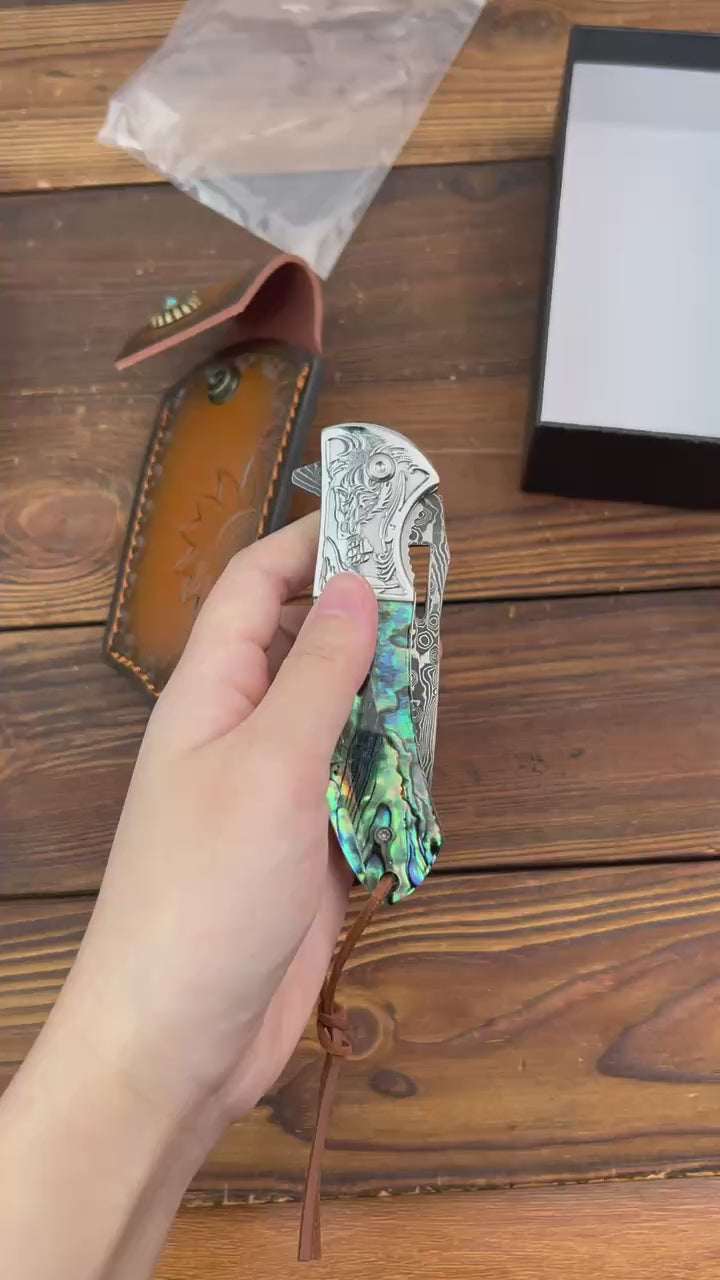 7.8" Damascus Steel EDC Folding Knife with Iridescent Abalone Shell Resin Handle | VG 10 Steel Blade