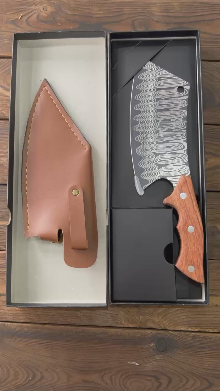 Hand-Forged Japanese Meat Cleaver Knife with Oak Handle & Sheath