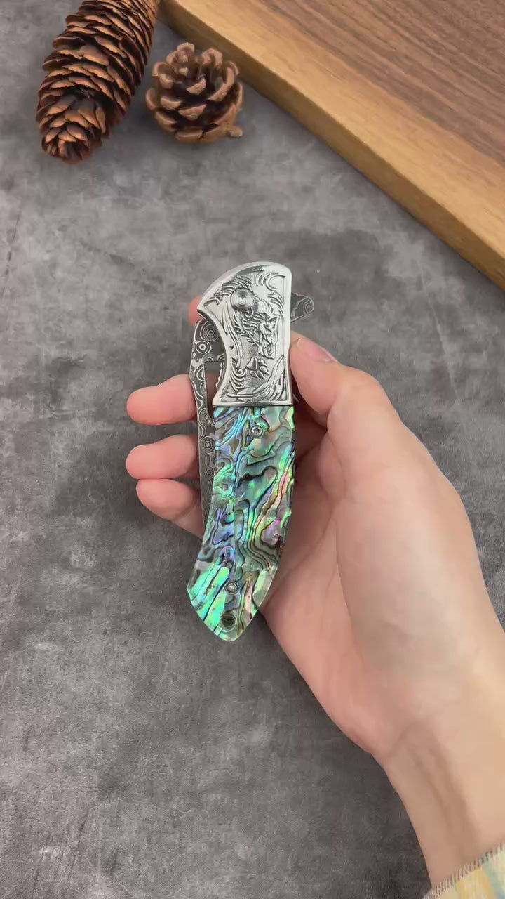 Damascus Pocket Knife with Pocket Clip & Abalone Resin Handle
