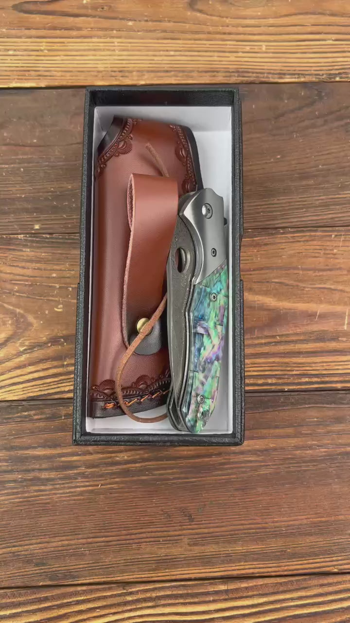 7.28" Damascus Steel EDC Folding Knife with Iridescent Abalone Shell Resin Handle | VG 10 Steel Blade