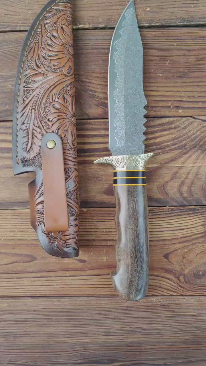 Handmade Damascus Steel Hunting Knife – 11" Fixed Blade with 67-Layer Hand-Forged Blade, Wood Handle & Guard