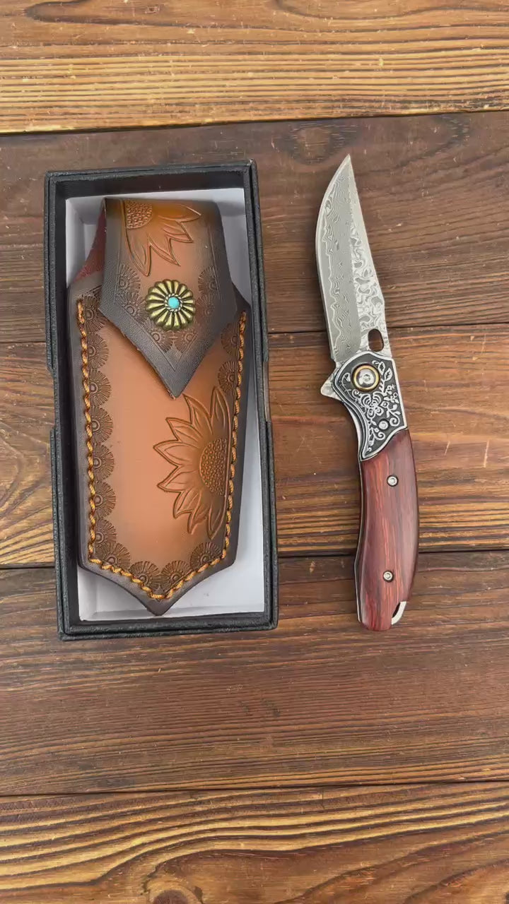 Custom Handmade Damascus Steel Pocket Knife with Brown Wood Handle & Engraved Bolster